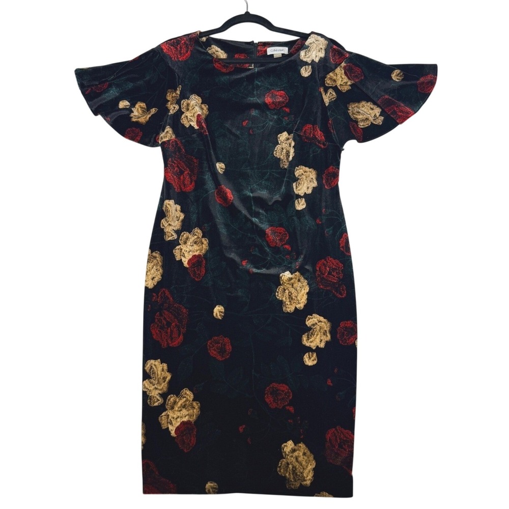 Calvin Klein Womens Velvet Floral Flutter Sleeve Sheath Dress Green Red Gold 12